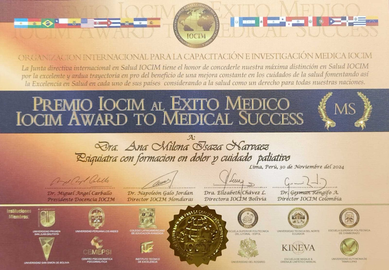 Reconocimiento Premio IOCIM al Éxito Médico (MS) — Organización Internacional para la Capacitación e Investigación Médica — IOCIM