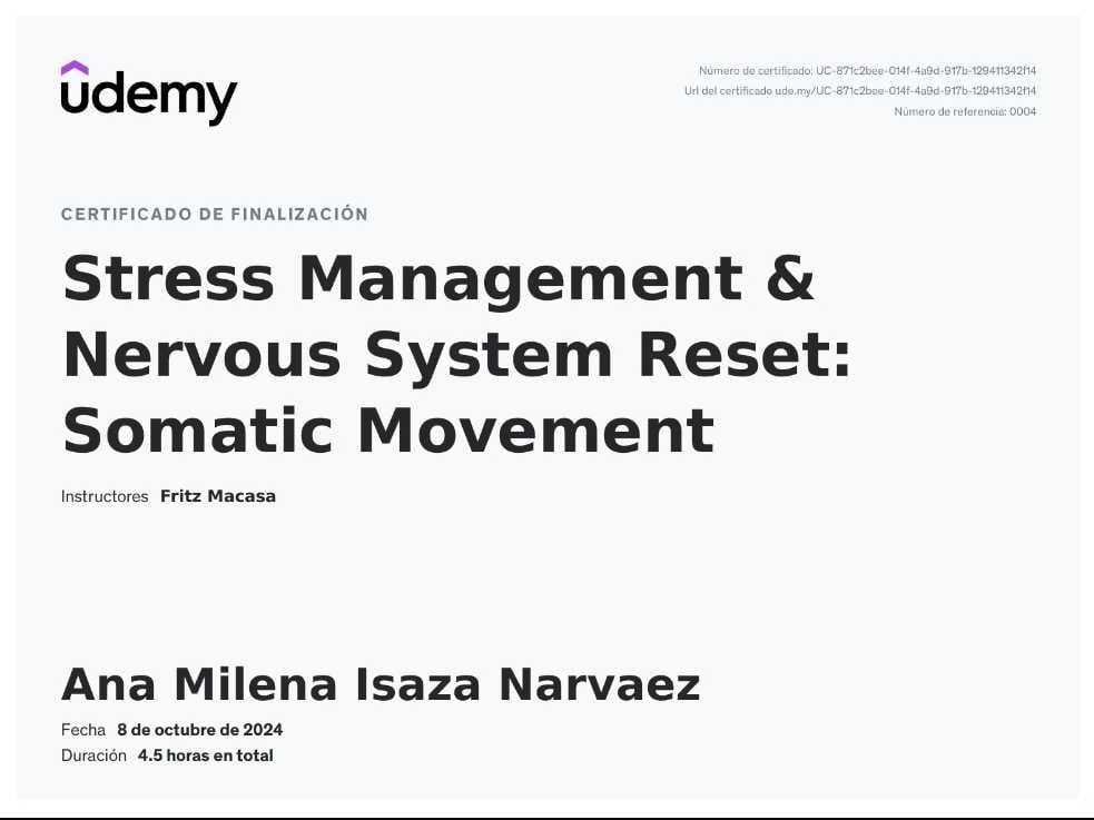 Certificado Stress Management & Nervous System Reset: Somatic Movement — Udemy · Fritz Macasa (4.5 horas)
