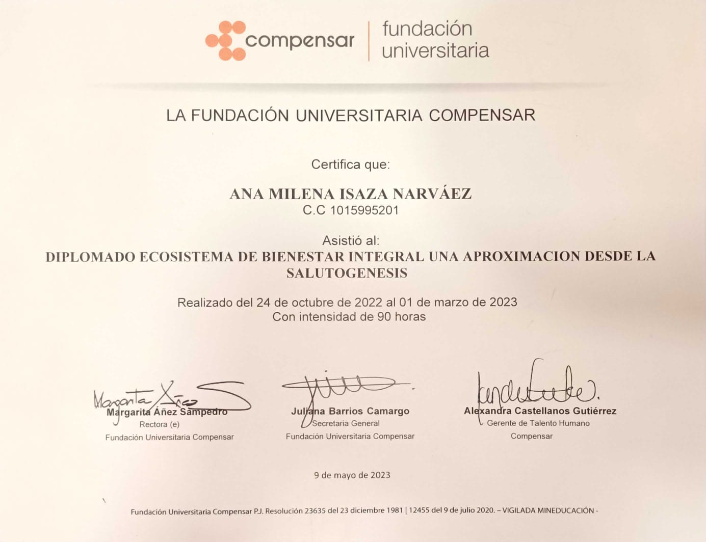 Certificado Diplomado Ecosistema de Bienestar Integral: una aproximación desde la Salutogénesis — Fundación Universitaria Compensar (90 horas)
