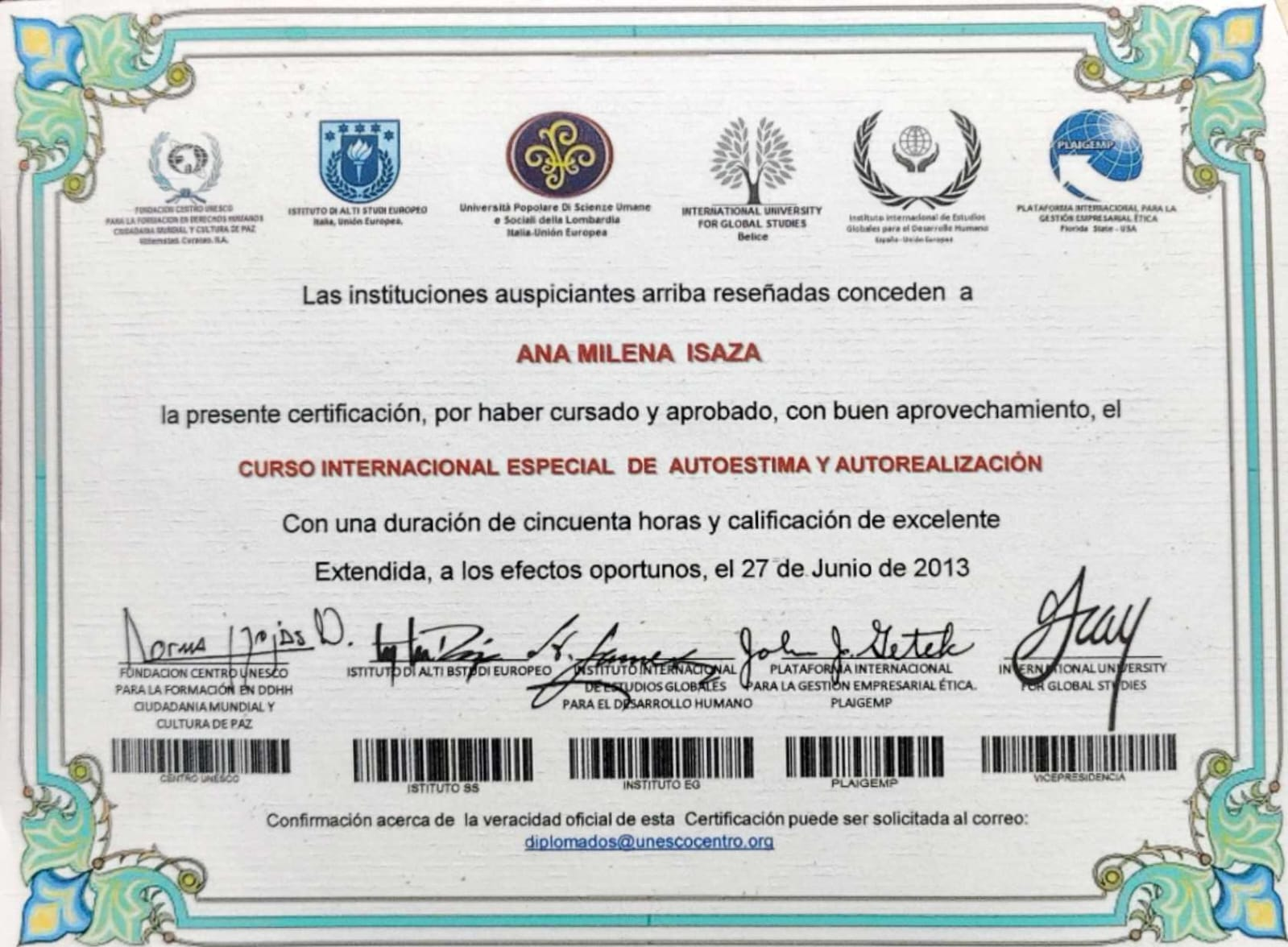 Certificado Curso Internacional de Autoestima y Autorrealización — Fundación Centro UNESCO · International University for Global Studies