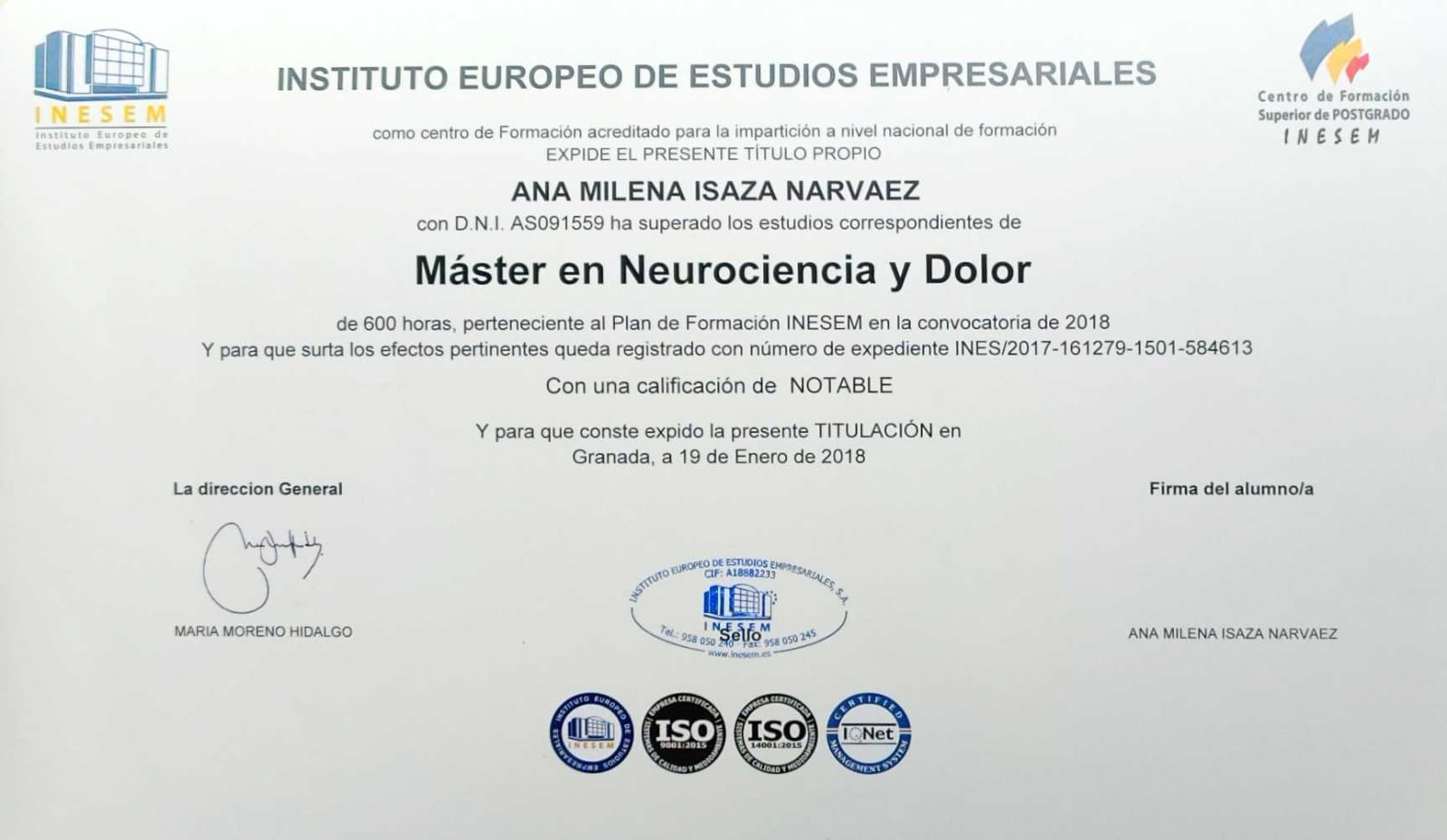 Diploma Máster en Neurociencia y Dolor — Instituto Europeo de Estudios Empresariales (INESEM)