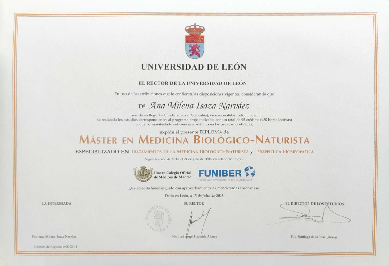 Diploma Máster en Medicina Biológico-Naturista — Universidad de León · FUNIBER · Ilustre Colegio de Médicos de Madrid