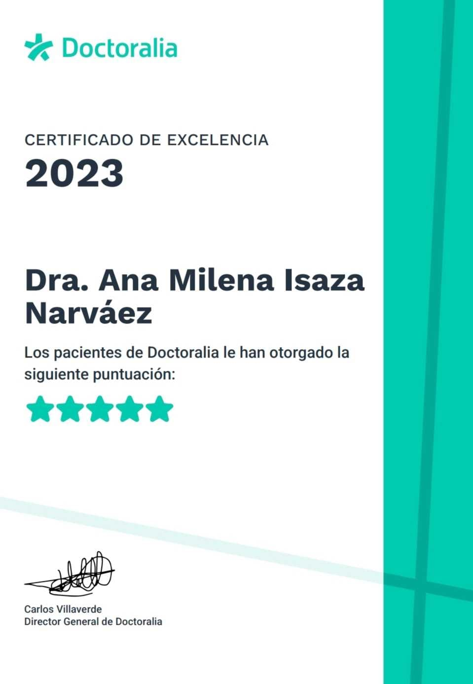 Reconocimiento Certificado de Excelencia Doctoralia — Puntuación 5 estrellas otorgada por pacientes